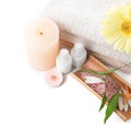 Spa composition with candles and lotion in bottles on white background Royalty Free Stock Photo