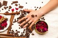 Spa composition with chocolate, coffee and hands Royalty Free Stock Photo