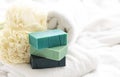 Spa composition with colorful handmade soap close-up. Royalty Free Stock Photo
