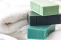 Spa composition with colorful handmade soap close-up. Royalty Free Stock Photo