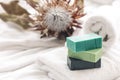 Spa composition with colorful handmade soap close-up. Royalty Free Stock Photo