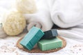 Spa composition with colorful handmade soap close-up. Royalty Free Stock Photo