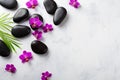 Spa composition with flowers, green leaves and massage stone on white background top view. Beauty treatment and relaxation concept Royalty Free Stock Photo