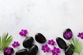 Spa composition with flowers, green leaves and massage stone on white background top view. Beauty treatment and relaxation concept Royalty Free Stock Photo