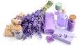 Spa composition with flowers of lavender, cream, salt and soap on white background Royalty Free Stock Photo