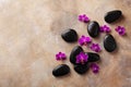 Spa composition with flowers and massage stone on brown background top view. Beauty treatment and relaxation concept. Flat lay Royalty Free Stock Photo