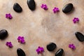 Spa composition with flowers and massage stone on brown background top view. Beauty treatment and relaxation concept. Flat lay Royalty Free Stock Photo
