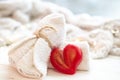 Spa composition with heart shaped soap towel close up. Royalty Free Stock Photo