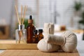 Spa composition with herbal bags on white table indoors, selective focus Royalty Free Stock Photo