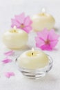 Spa composition with pink flowers and burning candles Royalty Free Stock Photo