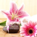 A spa composition of pink lily flowers and stones Royalty Free Stock Photo