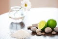 Spa composition. Salt Lime Flower and Stones. Body scrub. Royalty Free Stock Photo