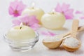 Spa composition with sea salt bath in wooden spoon, pink flowers and burning candles on a white surface