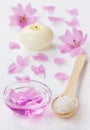 Spa composition with sea salt bath in wooden spoon, pink flowers petals and burning candle on a white surface Royalty Free Stock Photo