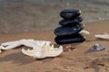 Spa composition - stacked Basalt Stones, Seashells and Sea Stars on the beach at sunrise in front of the ocean.