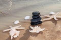 Spa composition - stacked Basalt Stones, Seashells and Sea Stars on the beach at sunrise in front of the ocean. Royalty Free Stock Photo