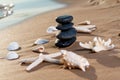 Spa composition - stacked Basalt Stones, Seashells and Sea Stars on the beach at sunrise in front of the ocean. Royalty Free Stock Photo