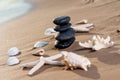 Spa composition - stacked Basalt Stones, Seashells and Sea Stars on the beach at sunrise in front of the ocean. Royalty Free Stock Photo