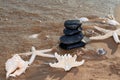 Spa composition - stacked Basalt Stones, Seashells and Sea Stars on the beach at sunrise in front of the ocean. Royalty Free Stock Photo