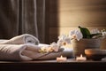 Spa composition with white orchids, candles and towels. Luxury photo, relaxation bodycare, beauty and health concept. Generative