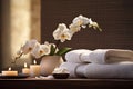 Spa composition with white orchids, towels and candles. Beauty, health and relaxation concept. Close-up photo. Generative AI Royalty Free Stock Photo