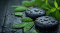 Spa Concept with Black Stones and Fresh Green Leaves Royalty Free Stock Photo