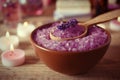 Spa concept. Bowl with lavender sea salt Royalty Free Stock Photo