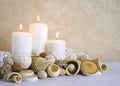 Spa concept of burning white candles decorated with natural dried potpourri Royalty Free Stock Photo