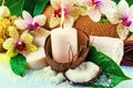 Spa concept with candle, coconut, orchid Royalty Free Stock Photo