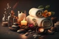 Spa concept, candles, towels, massage stones, soft light. Generated by AI technology Royalty Free Stock Photo