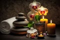 Spa concept, candles, towels, massage stones, soft light. Generated by AI technology Royalty Free Stock Photo