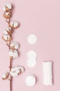 Spa concept. Flat lay background with branch of cotton plant, cotton pads. Cotton Cosmetic Makeup Removers Tampons. Hygienic sanit Royalty Free Stock Photo