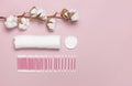 Spa concept. Flat lay background with cotton branch, cotton pads, eared sticks. Cotton Cosmetic Makeup Removers Tampons Hygienic Royalty Free Stock Photo