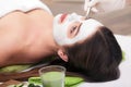 Spa concept. Hand applying nourishing mask on female face in spa salon Royalty Free Stock Photo