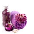 Spa concept ( Orchid, sea salt, candle and towel) Royalty Free Stock Photo