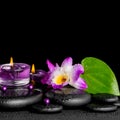 Spa concept of purple orchid dendrobium, leaf with dew, candles