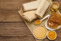 Spa concept. Self care with honey and turmeric. Natural organic cosmetics, homemade product, alternative lifestyle. Vintage