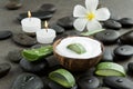 Spa concept. slice aloe vera on white cream in coconut shell wit