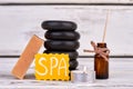 Spa concept. Still life things on white wooden background. Royalty Free Stock Photo