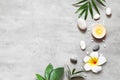 Spa concept on stone background, palm leaves, flower plumeria, candle and zen, grey stones, top view. Royalty Free Stock Photo