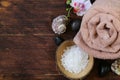 Spa concept - towel, salt and orchid Royalty Free Stock Photo