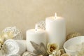 Spa setting with white burning candles and potpourri. Spa still life Royalty Free Stock Photo