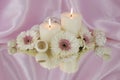 White burning candles with white greber daisy flowers reflecting in a mirror Royalty Free Stock Photo