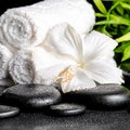 Spa concept of white hibiscus flower, bamboo and towels on zen b Royalty Free Stock Photo