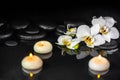 Spa concept of white orchid phalaenopsis, candles and black zen stones with drops on water with reflection Royalty Free Stock Photo