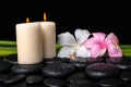 Spa concept of white, pink hibiscus flowers, candles and natural Royalty Free Stock Photo