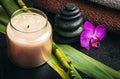 Spa concept. Zen basalt stones and orchid on the basalt Royalty Free Stock Photo