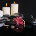 spa concept of zen stones with drops, purple orchid Royalty Free Stock Photo