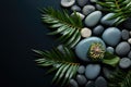 Spa concept with zen stones and tropical leaf on black background Royalty Free Stock Photo