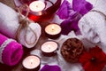 SPA consist from towels, candles, flowers, cone and aromatherapy Royalty Free Stock Photo